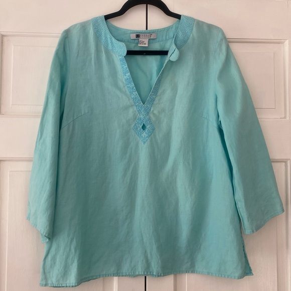 Carole Little 100% Linen Blue Beaded Three Quarter‎ Sleeve Blouse Size Large - Picture 1 of 7